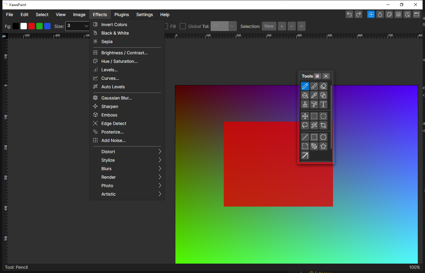 KawaPaint effects menu with adjustment, blur, render, photo, and artistic categories