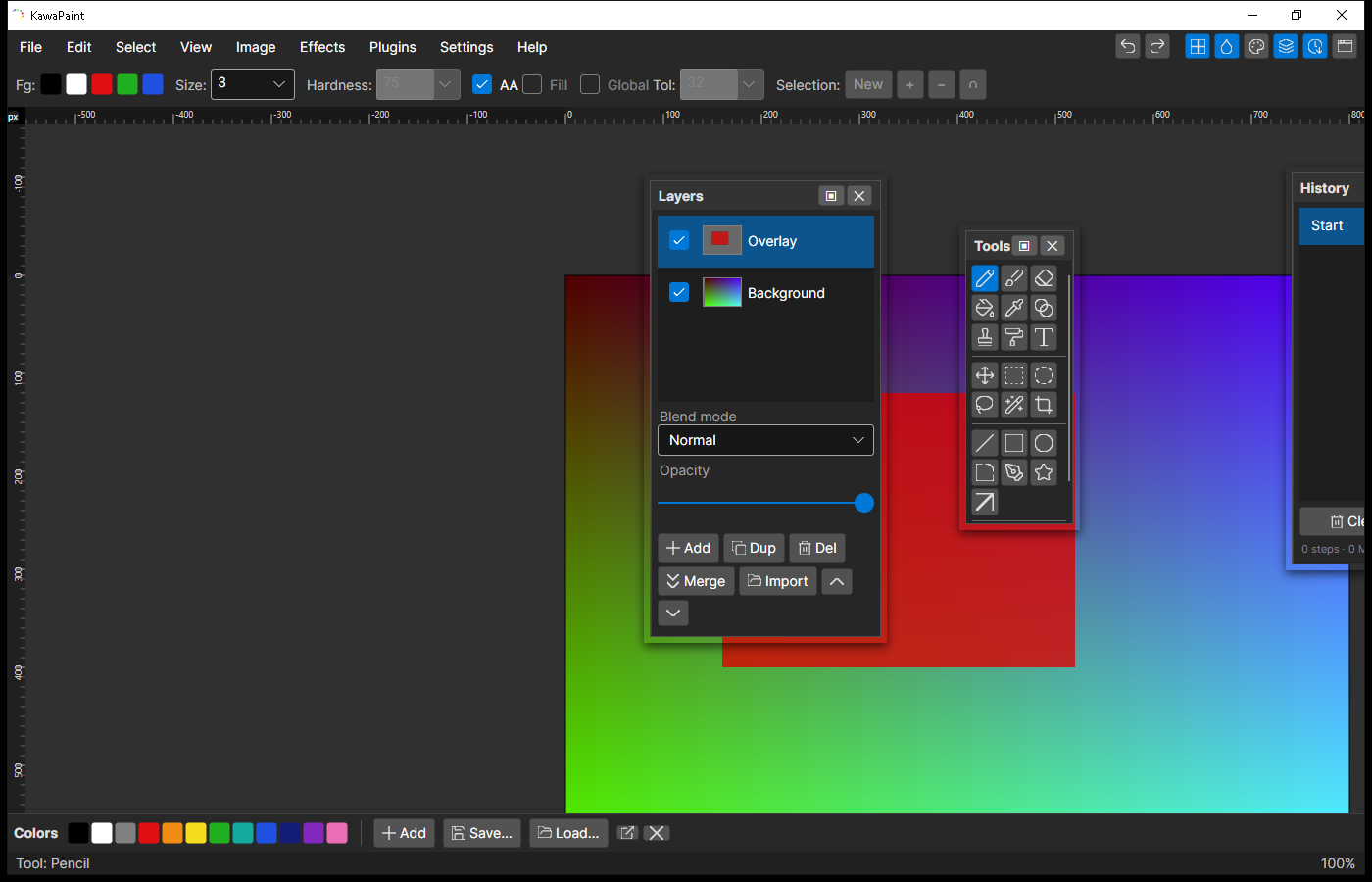 KawaPaint with floating Layers and History panels and a docked color palette