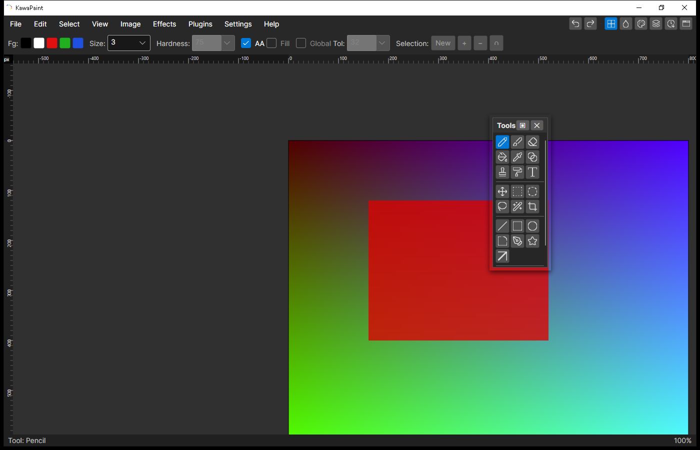 KawaPaint workspace showing a layered geometric composition and drawing tools